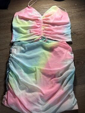 Pastel Tie-Dye Ruched Two-Piece Skirt Set - Pink Mint Blue